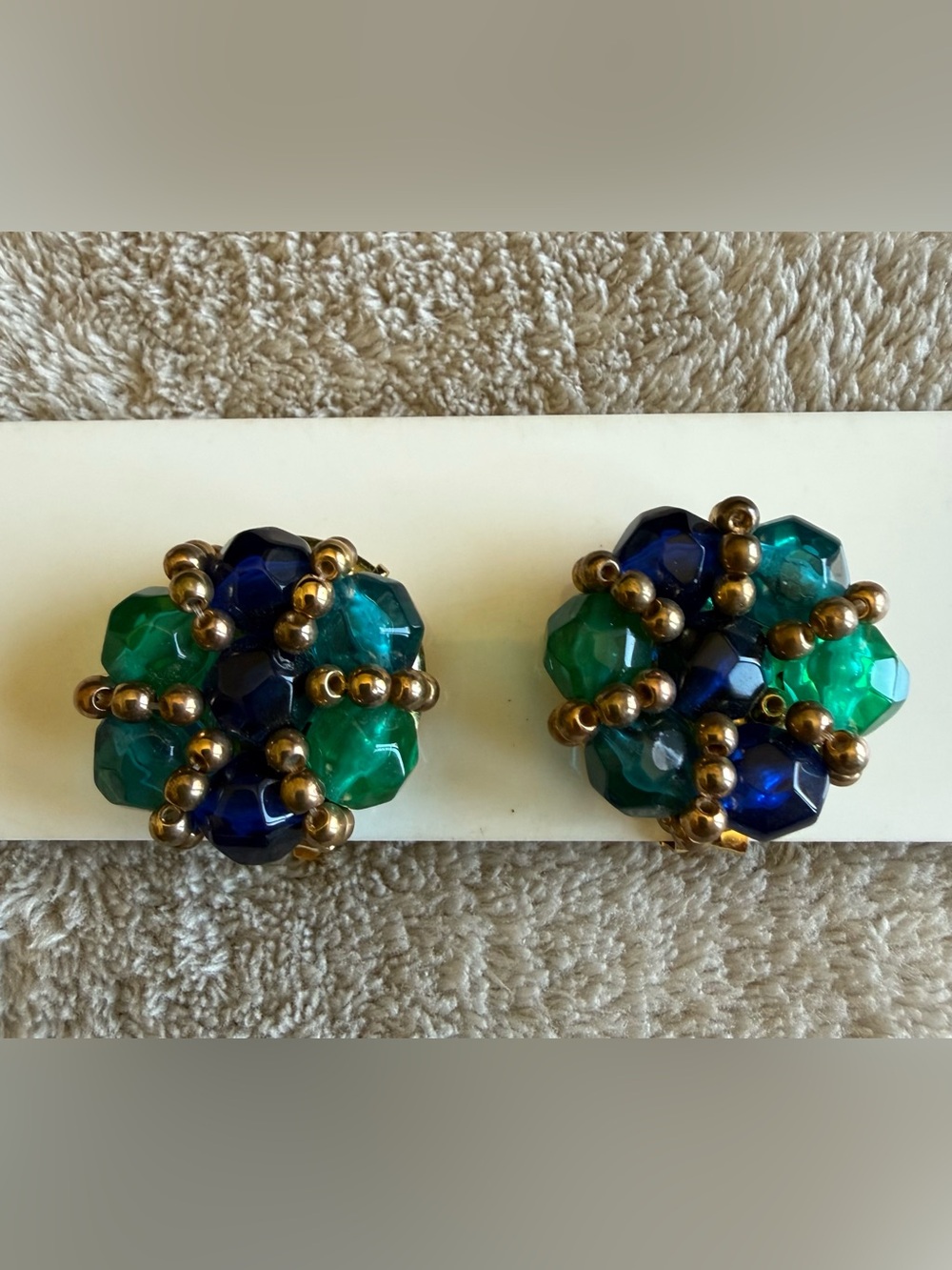 Vintage Costume Jewellery Beaded Blue and Green Clip Earrings